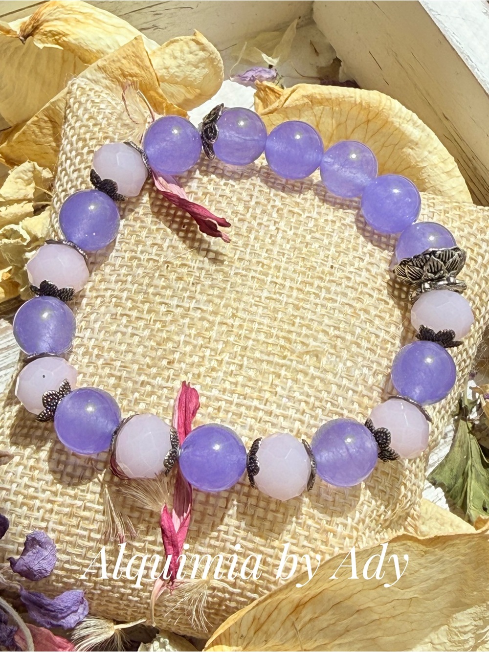 Fall Lavender & Pale Pink jade Gemstone Bracelet with Silver Accents